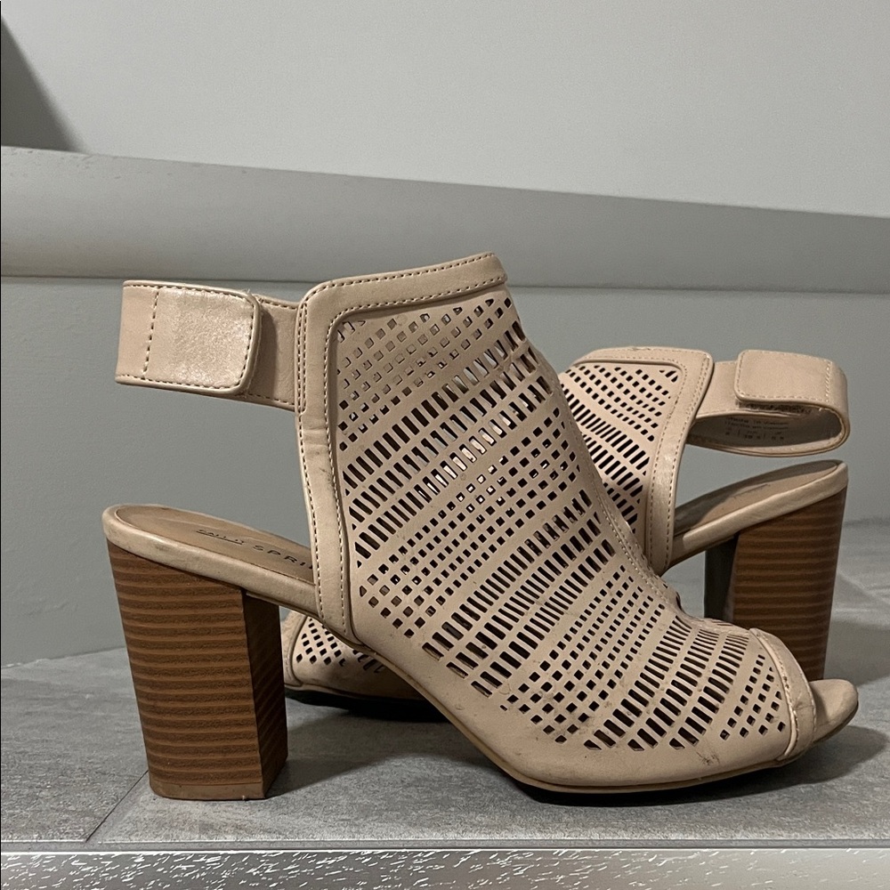 Call It Spring Beige Perforated Block Heel Sandals